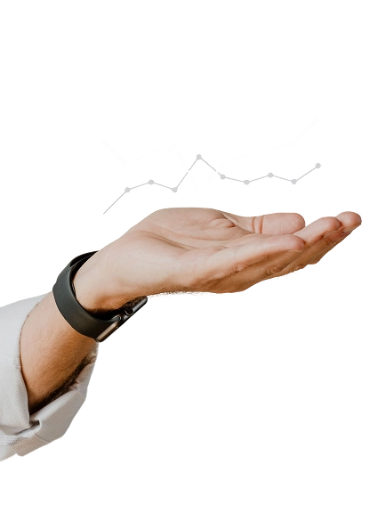 Hand met een horloge die een stijgende grafieklijn symbolisch ondersteunt als teken van groei.