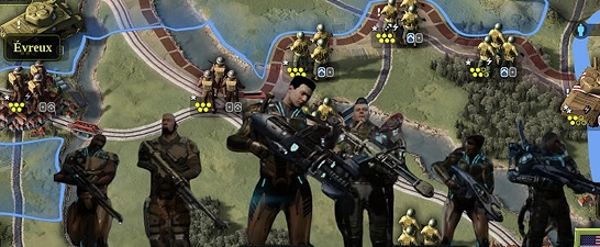 Strategische spelkaart met militaire eenheden en soldaten die gebieden en routes op de kaart controleren.